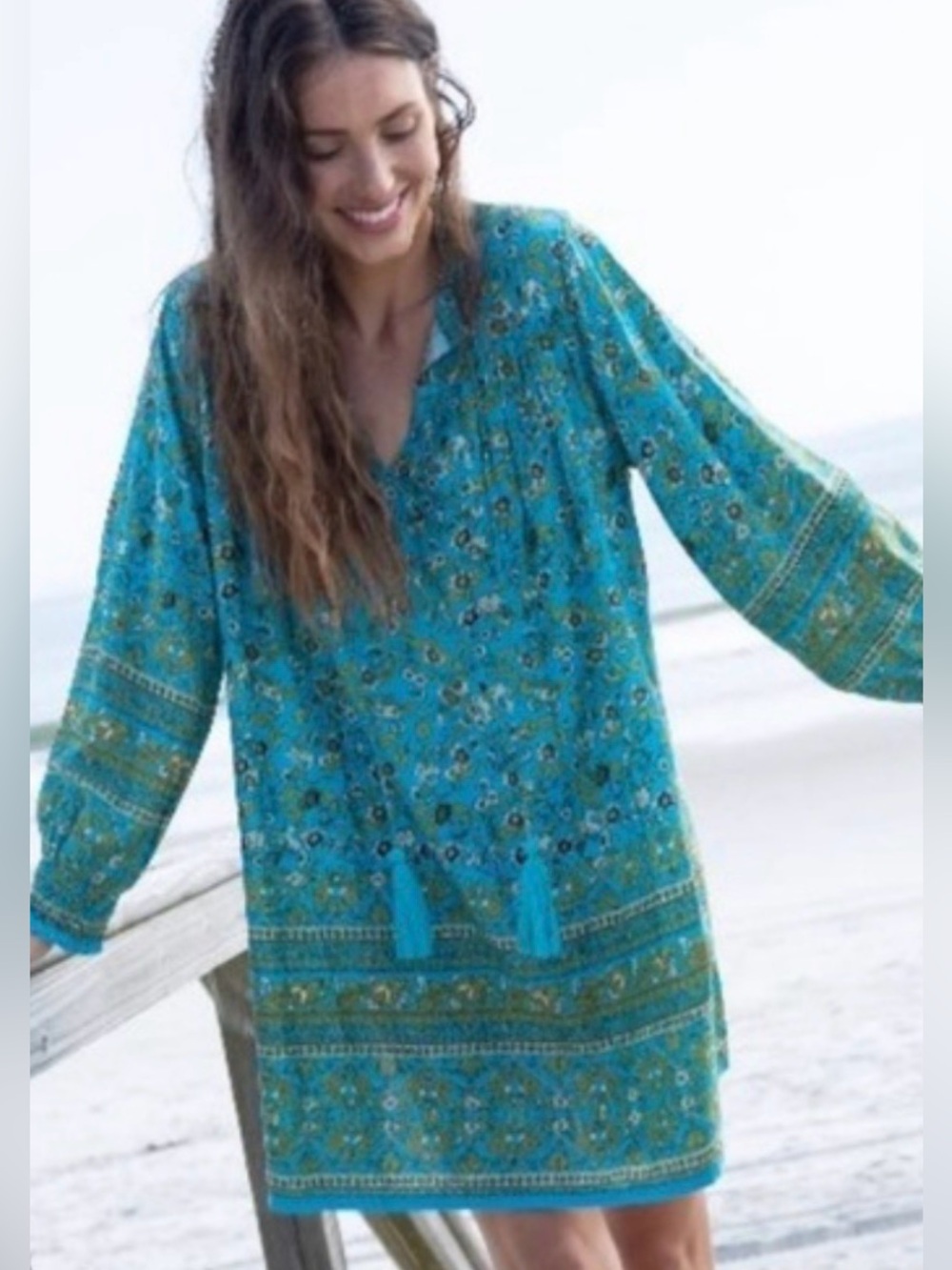 NATURAL LIFE L Dara Long Sleeve Turquoise Boho Shift Dress